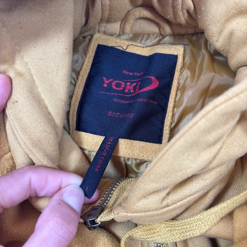 y2k Yoki Bomber Jacket Yellow Excellent Hooded Belted Utility Wool Blend L - Picture 5 of 7
